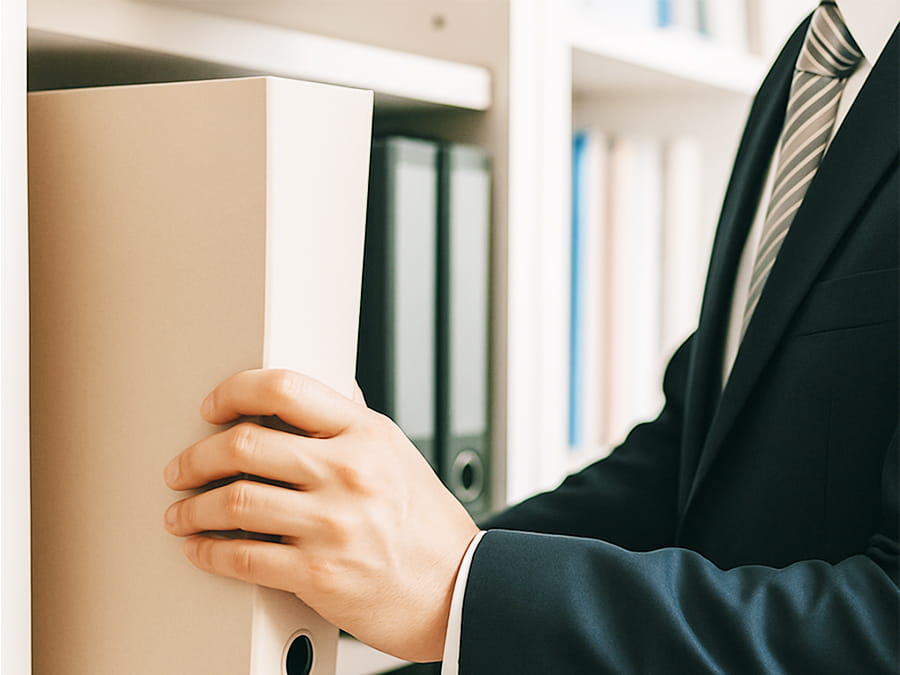 書類棚に各種資料を綴じたファイルをしまう男性